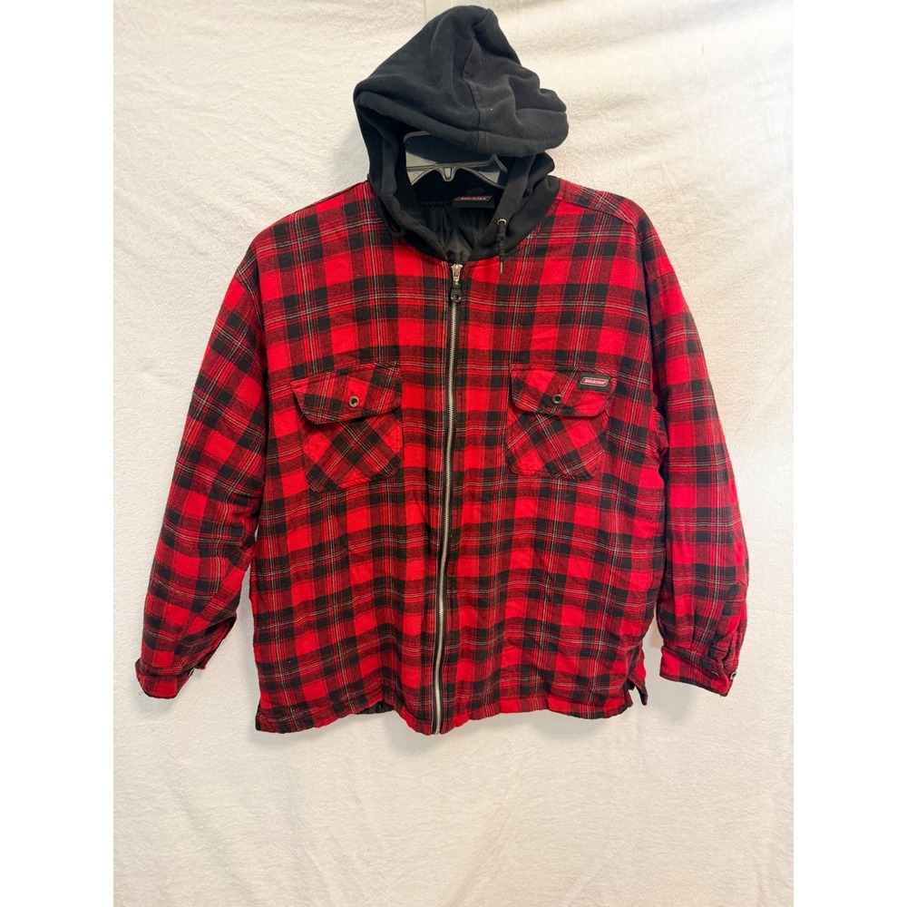 Genuine Dickies Mens Red Black Plaid Hooded Flannel Shirt Jacket L 3428DK920RL
